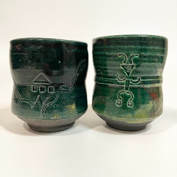 Raku Ceramic Cups with Hand Etched Designs Set of 2 Green Irridescent Glaze - Picture 1 of 9